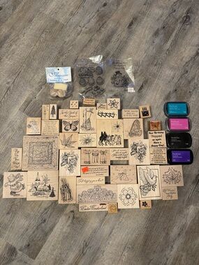 Large Mixed Wood and Clear Craft Stamp Lot with Ink Pads - Natural Wood